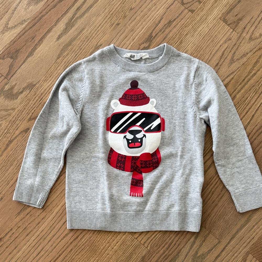 H&M Light Gray Sweater with Bear in Sunglasses 100% Cotton